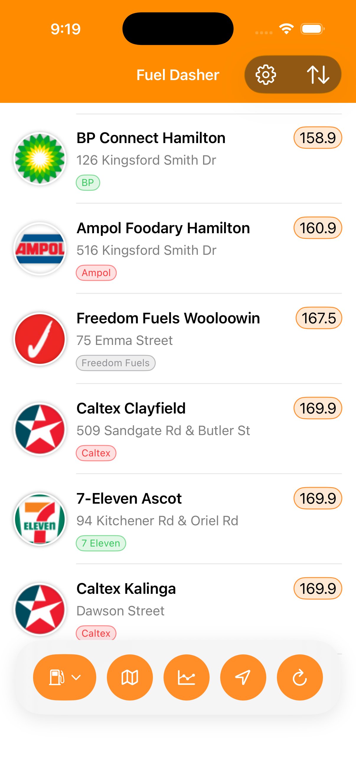 Fuel Dasher list view showing stations sorted by price
