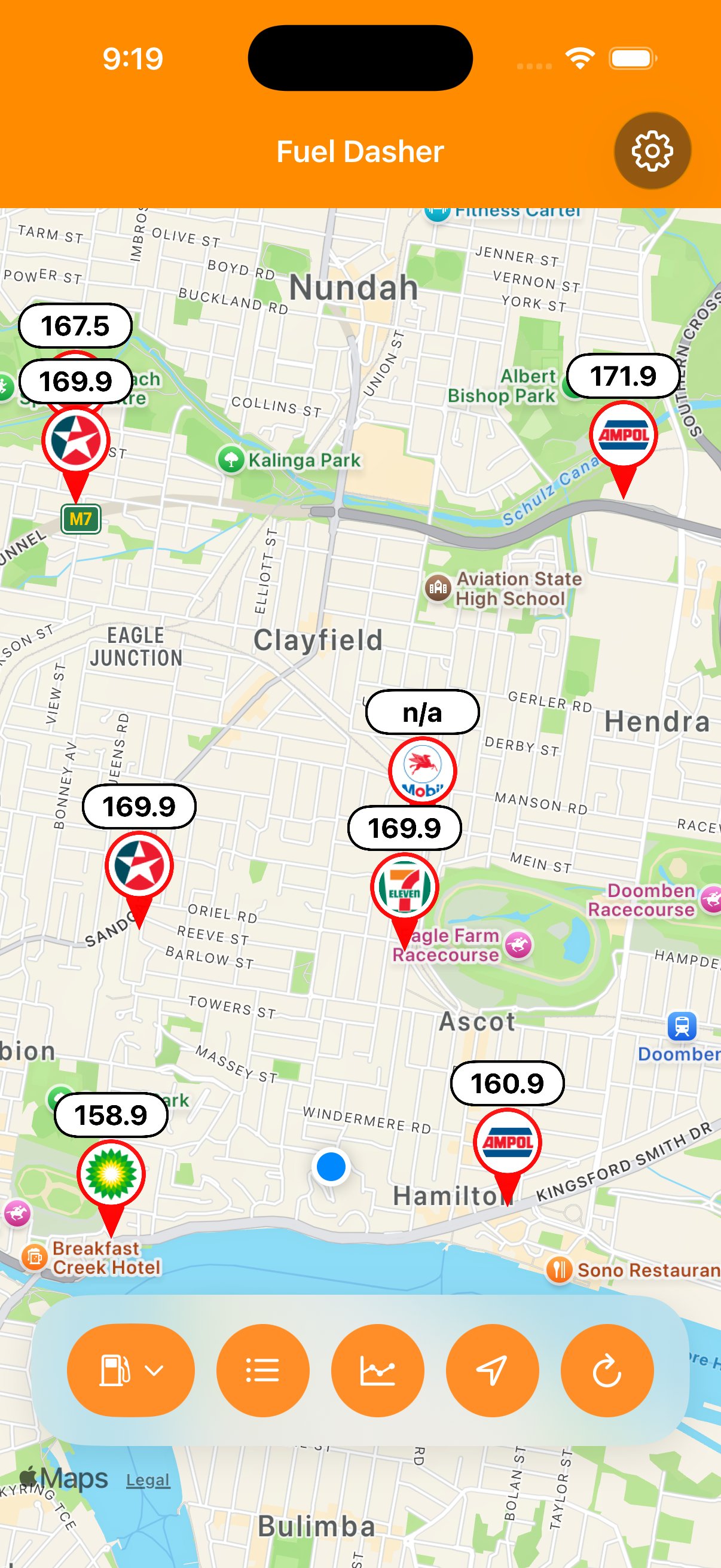 Fuel Dasher map view showing nearby fuel stations